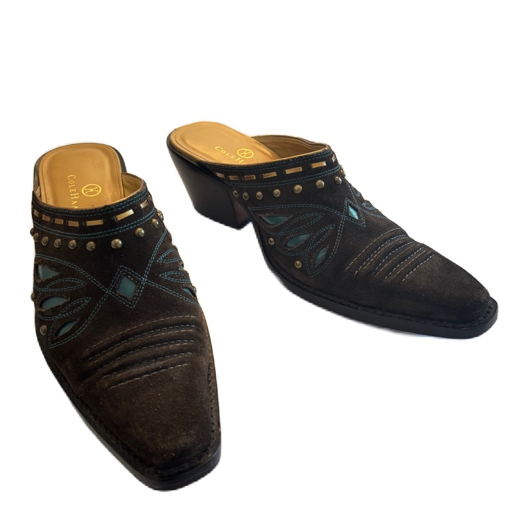 Cole Haan Morgan Western Mules Brown Suede Turquoise Inlays Studded Size 7.5